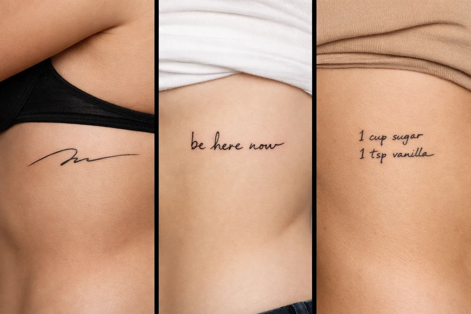 Three close-up views of handwritten tattoos on different people's ribcages.