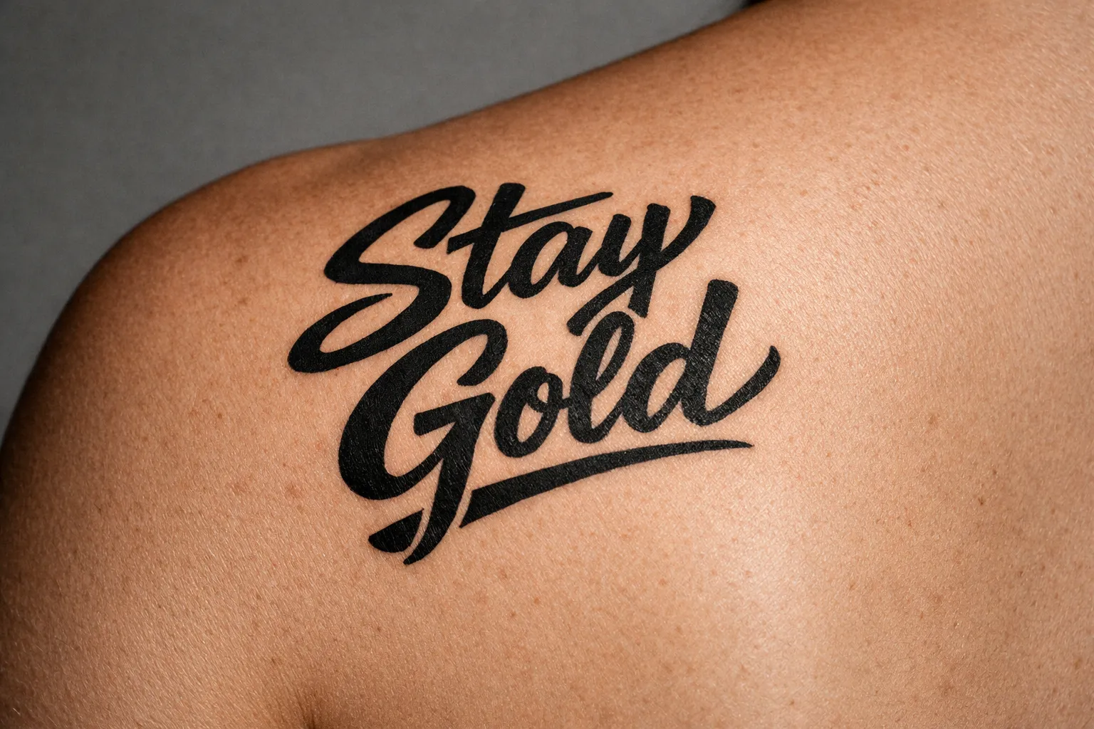 A bold brush-script tattoo reading 'Stay Gold' on the back of a person's shoulder.