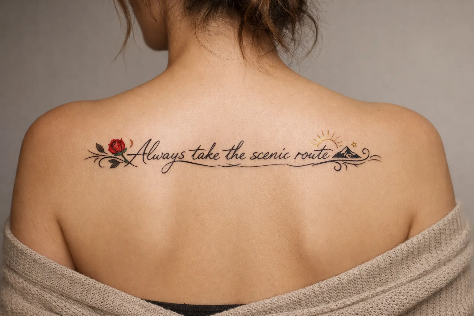 A person with a script tattoo reading 'Always take the scenic route' across their upper back.