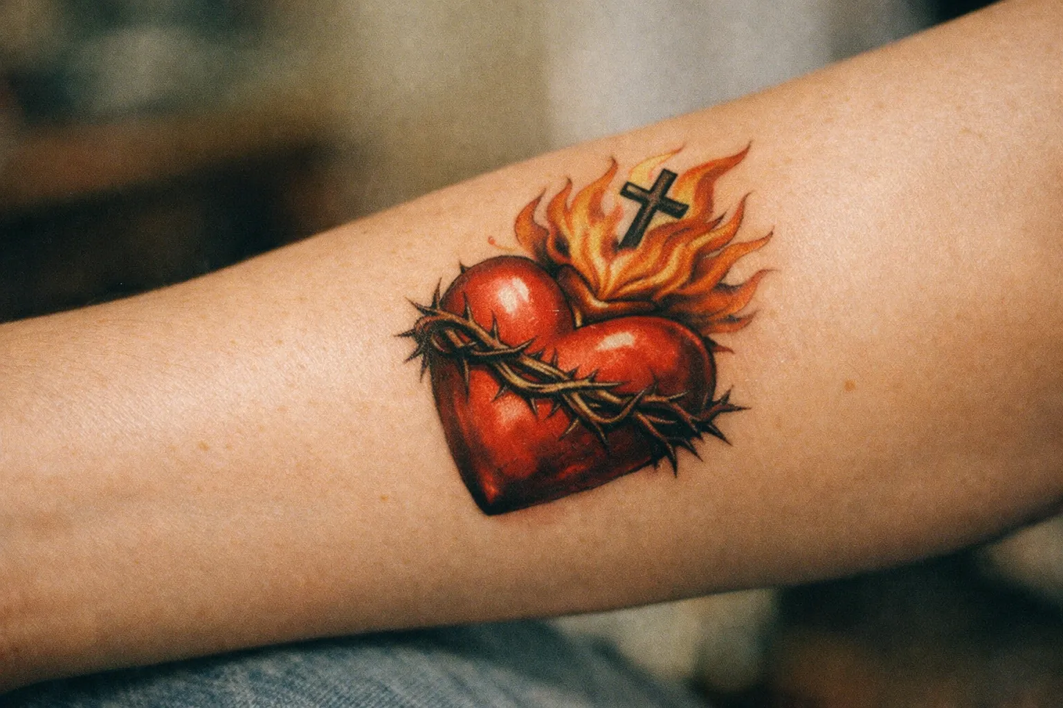 Ribcage side view tattoo of sacred-heart motif with crown of thorns, healed skin