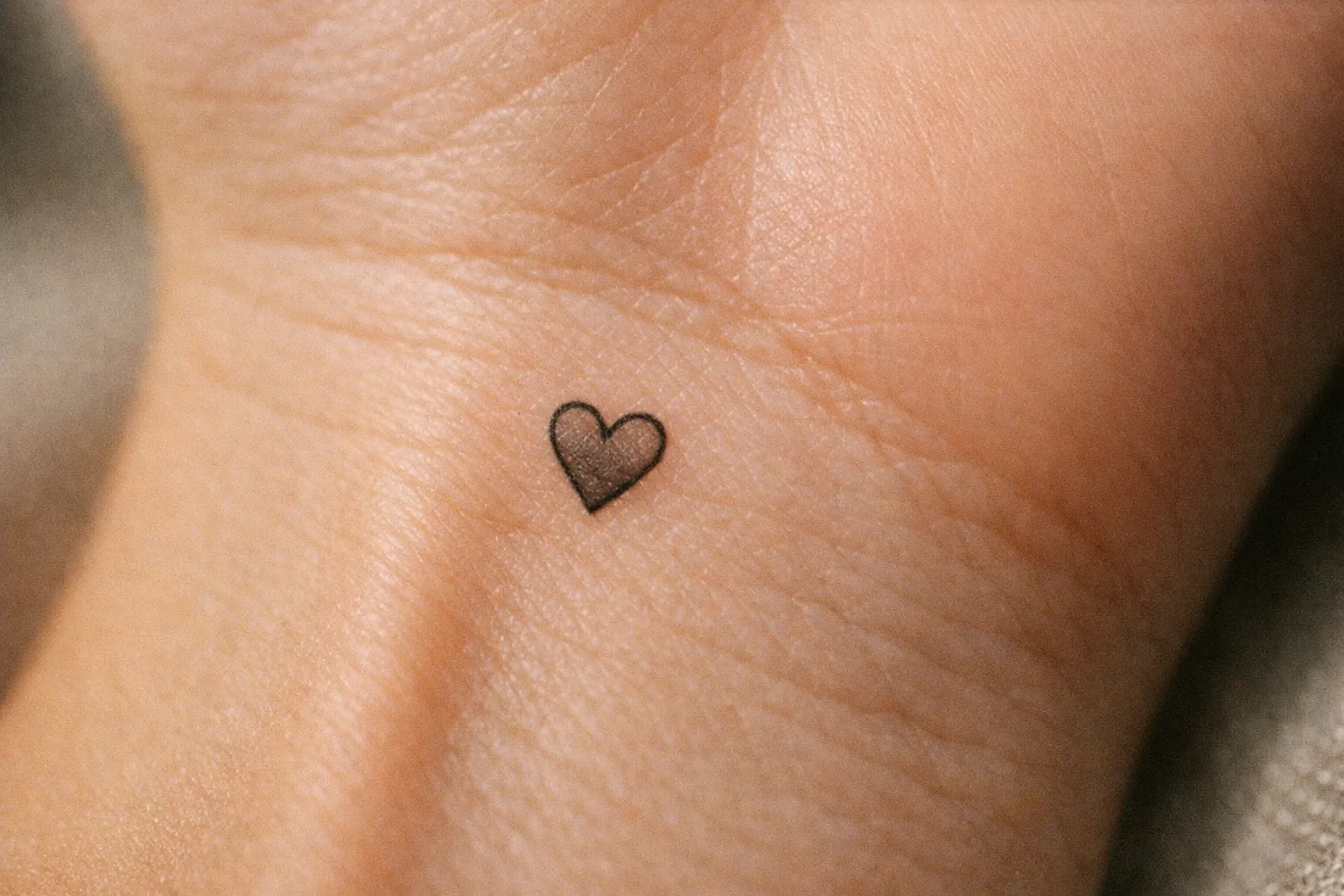 Tiny heart tattoo on inner forearm, macro close-up with shallow depth of field