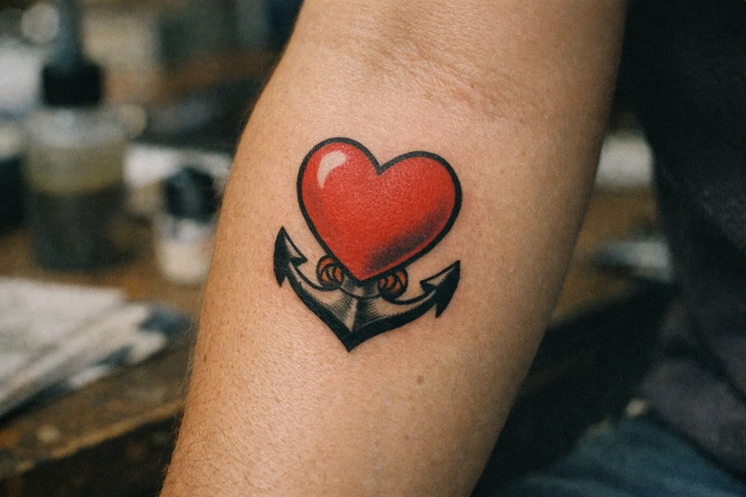 Forearm tattoo of a traditional mom heart motif with a banner/anchor silhouette, no legible text