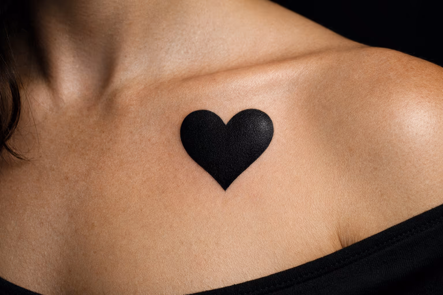 A solid black heart tattoo on a person's upper chest near the collarbone.