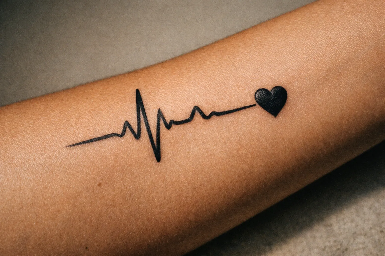 Close-up of a heartbeat tattoo on a forearm with a heart end, showing bold linework