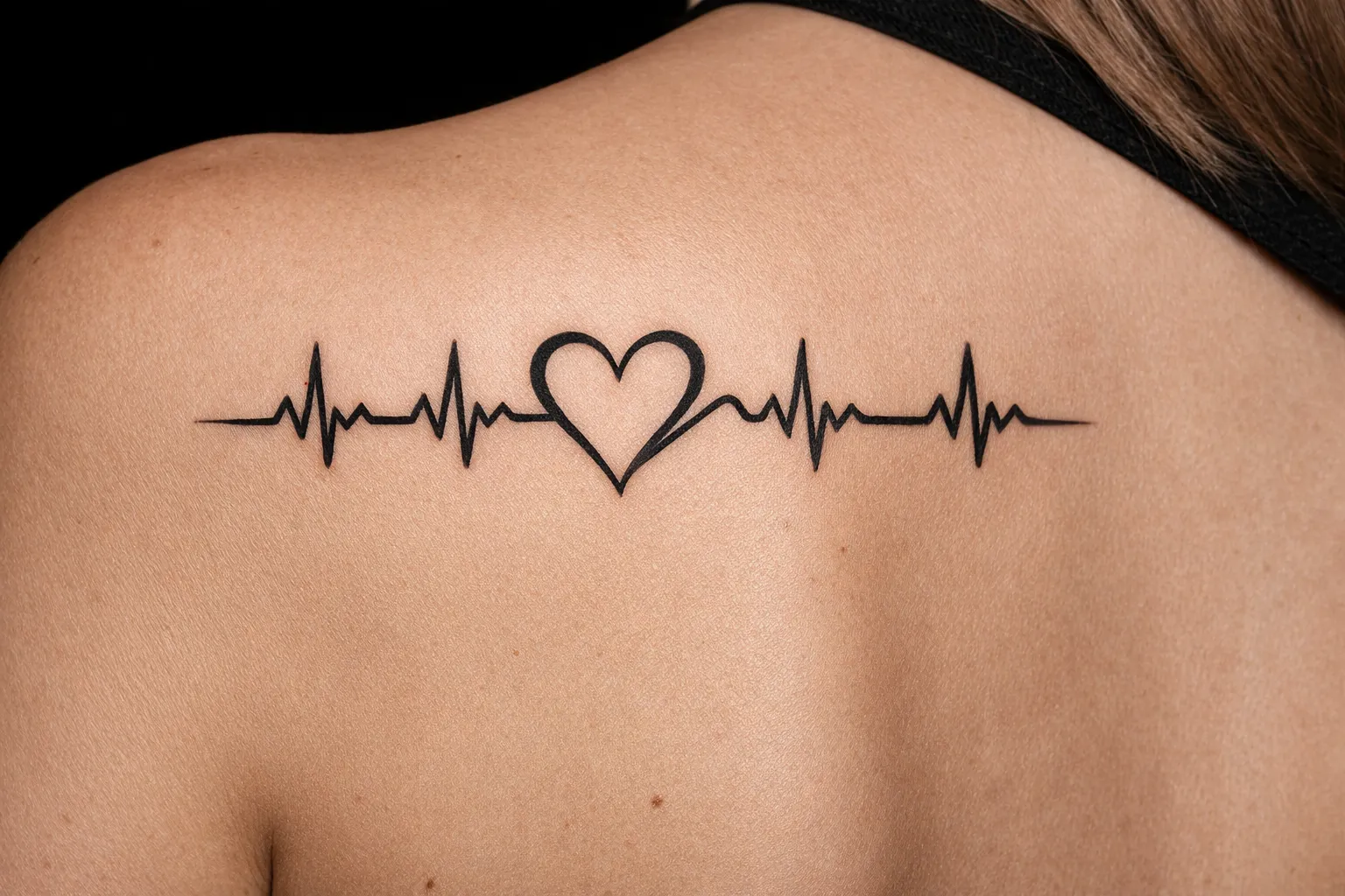 A heartbeat line and heart tattoo on a woman's upper back.