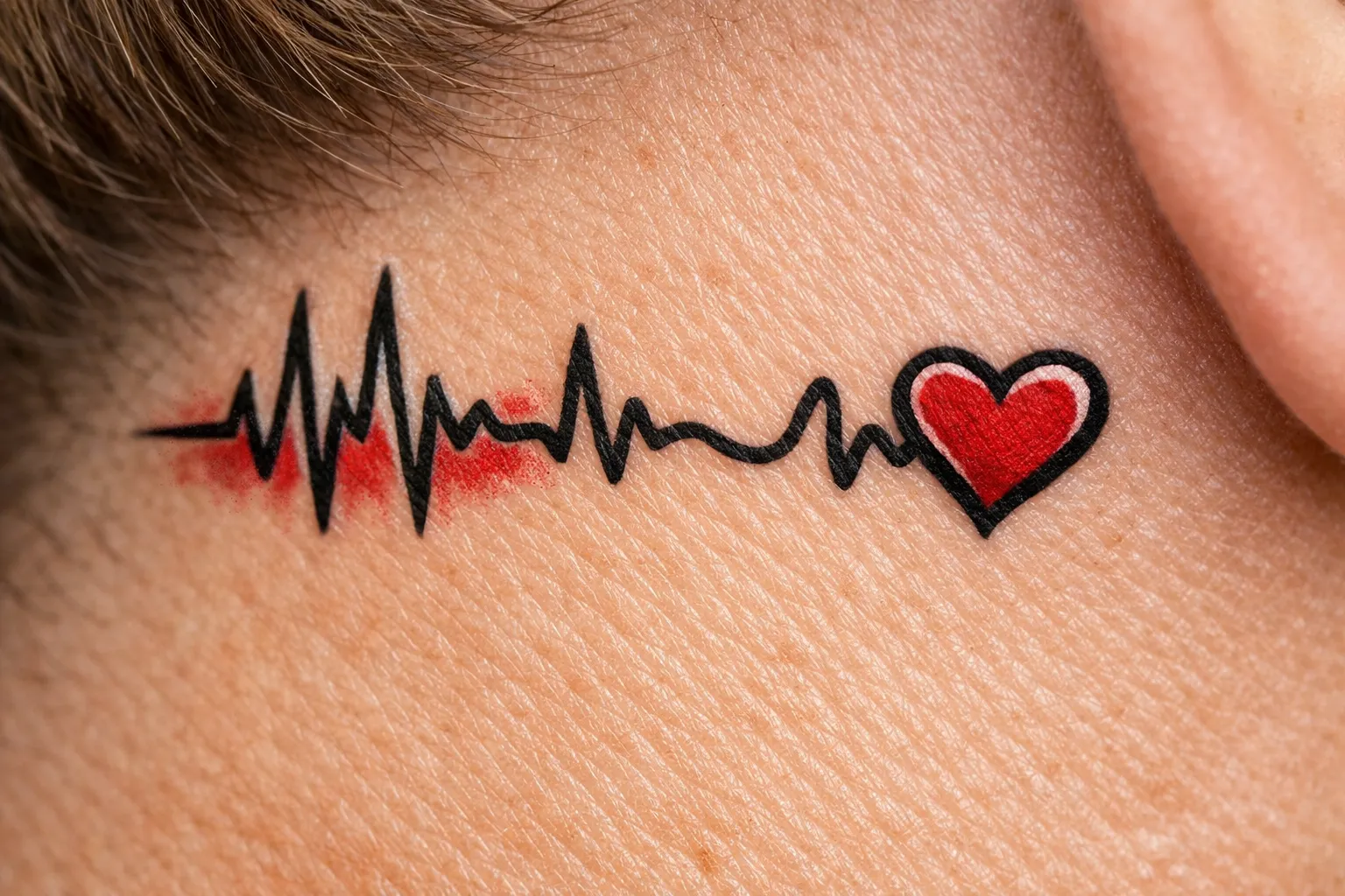 A heartbeat and heart tattoo is inked behind a person's ear.
