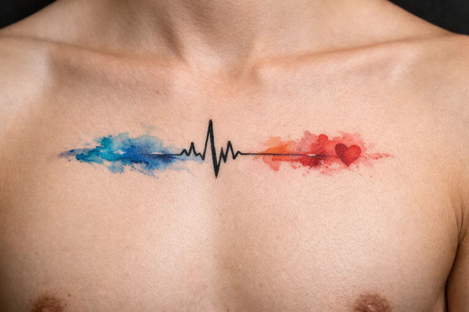 A person with a colorful heartbeat line and heart tattoo across their upper chest.