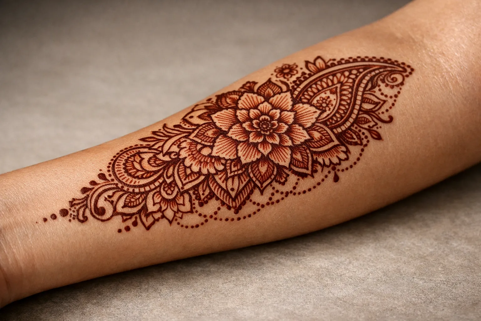 Close-up of healed henna tattoo on inner forearm with traditional mehndi motifs in deep brown.
