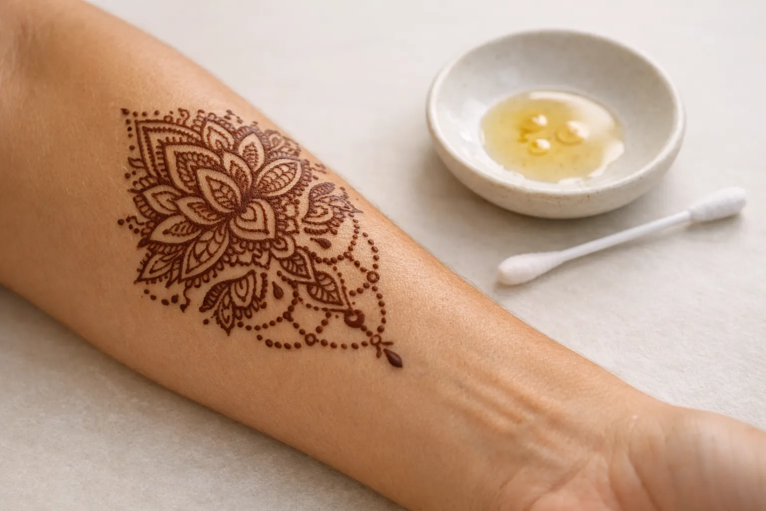 Forearm with healed henna and a small dish of natural oil nearby, suggesting aftercare.