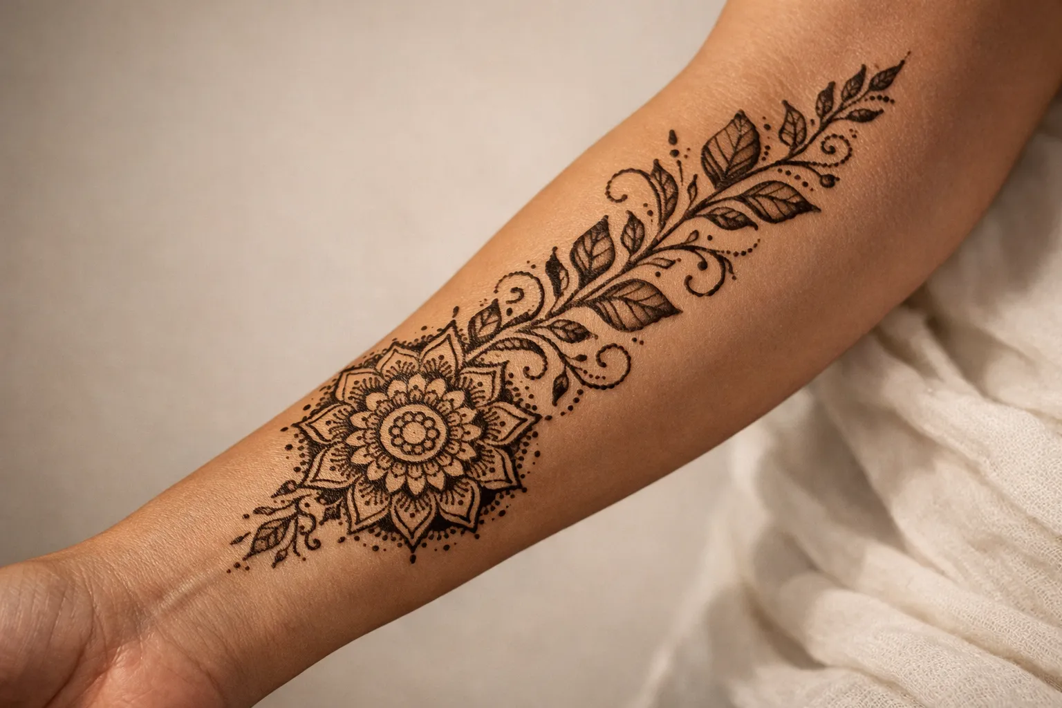 Forearm with a popular henna design: mandala near the wrist with flowing vines along the forearm.