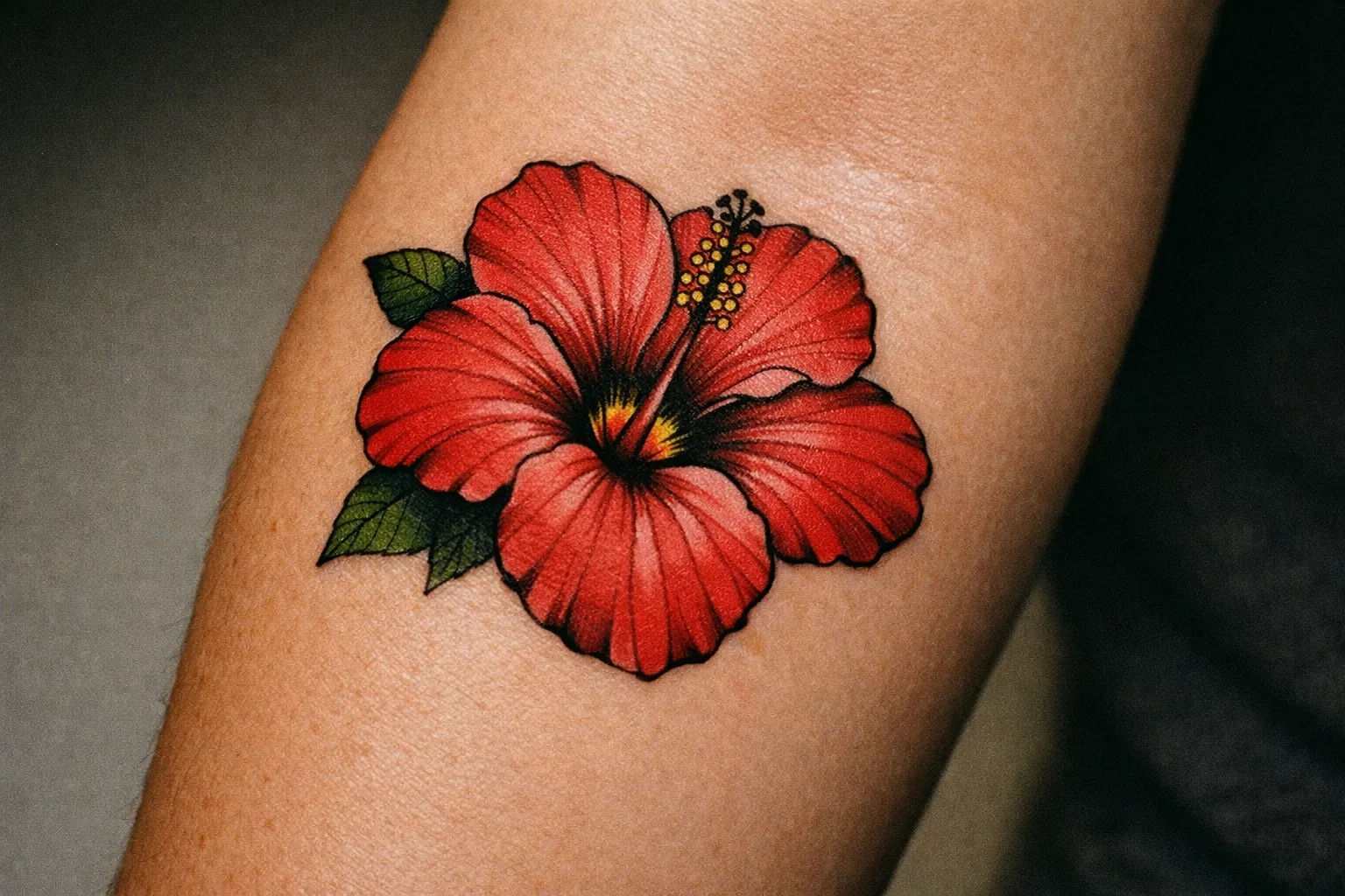 Close-up of a hibiscus tattoo on a forearm with bold linework and red petals