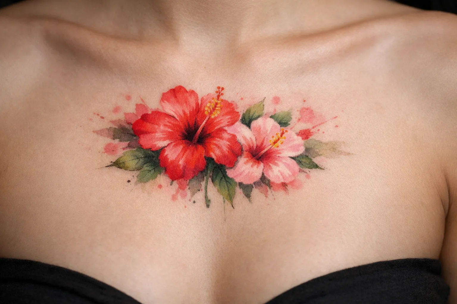 A person with a colorful hibiscus flower tattoo on their upper chest.