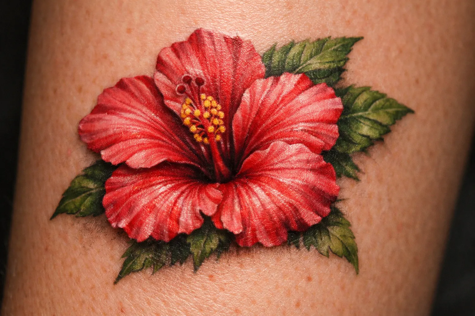 A realistic hibiscus flower tattoo is inked on a person's skin.
