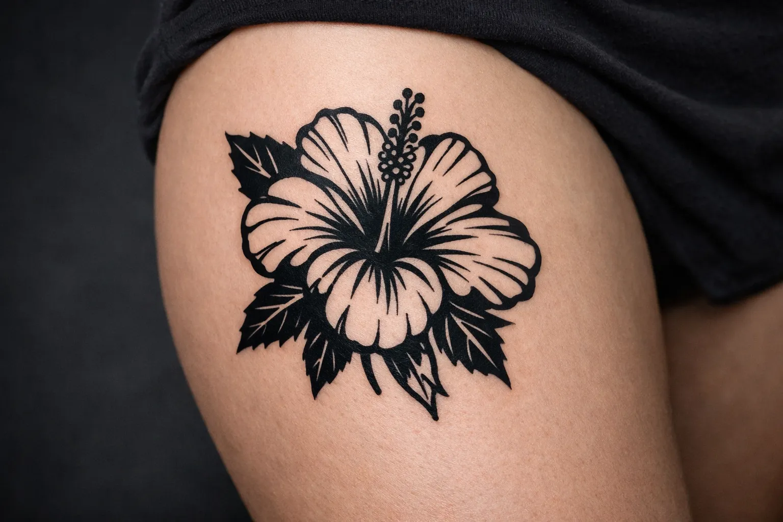 A hibiscus flower tattoo on a person's upper thigh.
