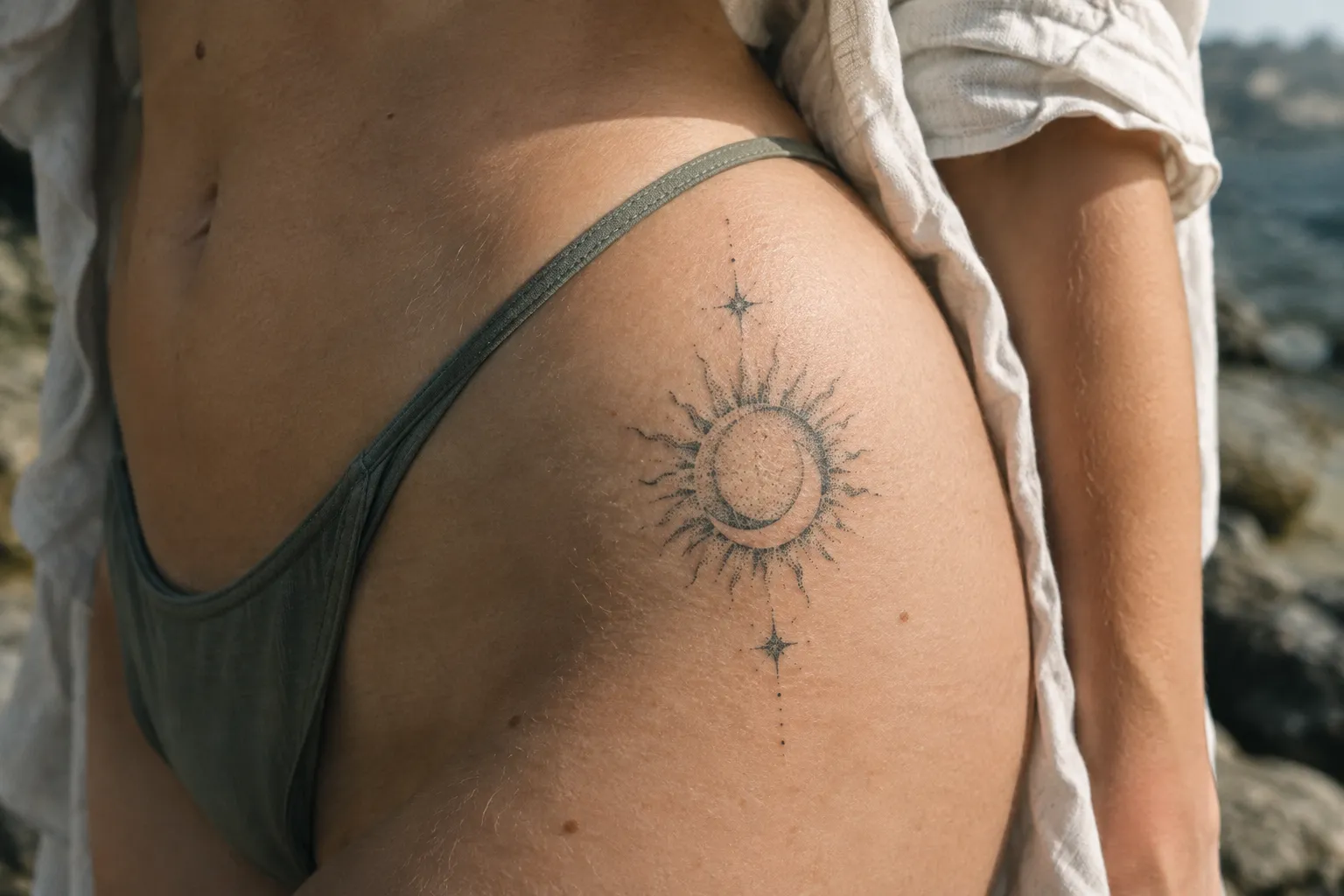 A person shows a sun-and-moon tattoo on their hip beside a rocky beach.