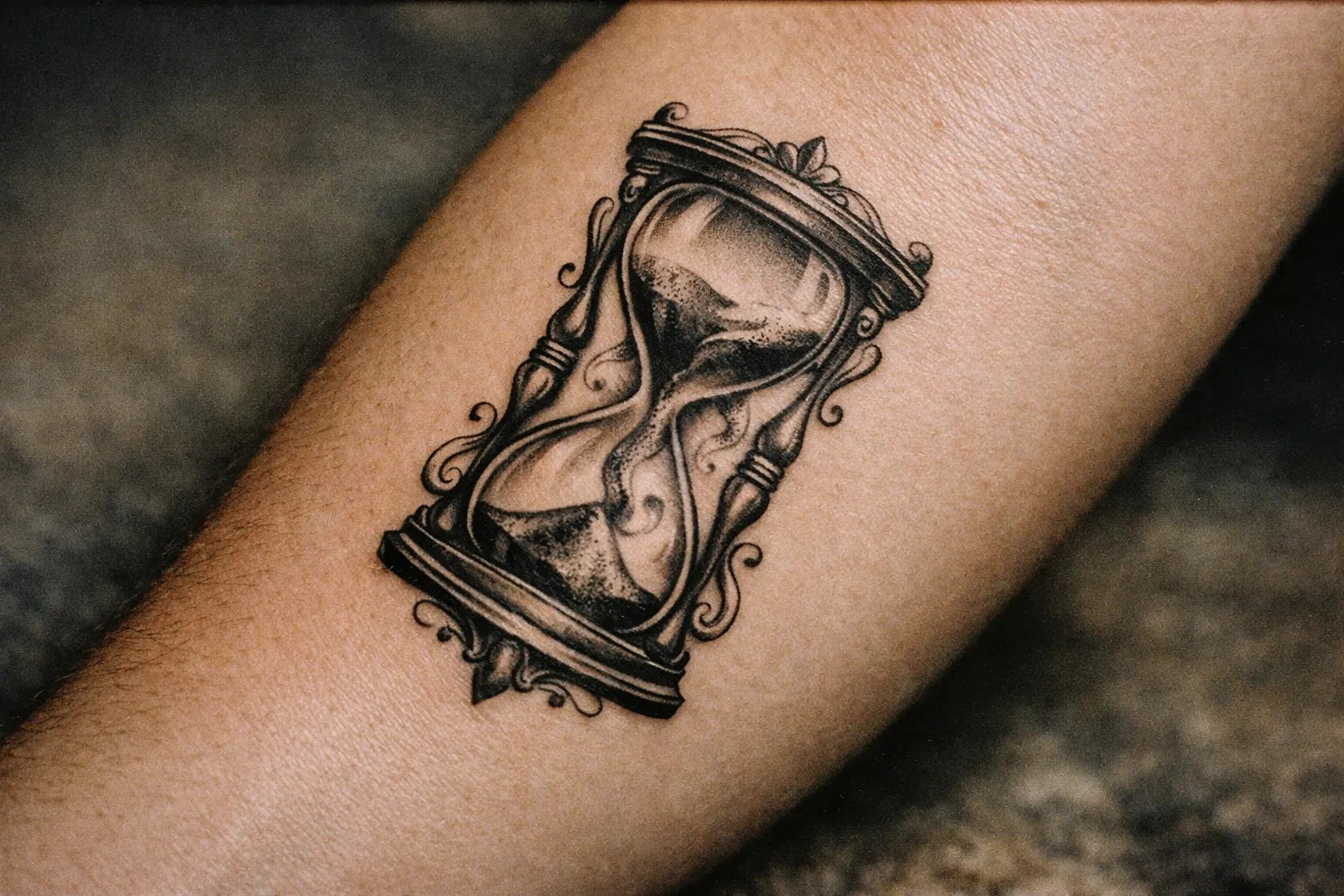 Forearm tattoo of an hourglass symbolizing impermanence with clean linework and soft shading