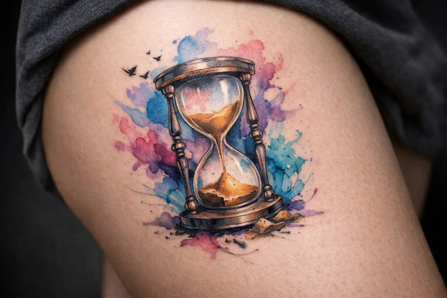 An hourglass tattoo with colorful watercolor splashes is inked on a person's upper thigh.