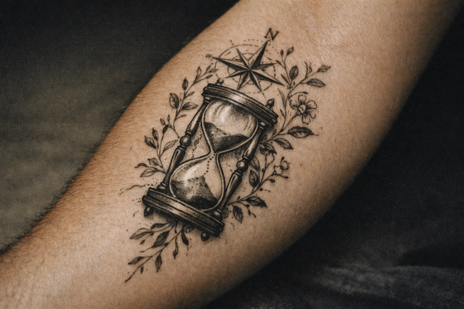 Forearm hourglass intertwined with compass and vines