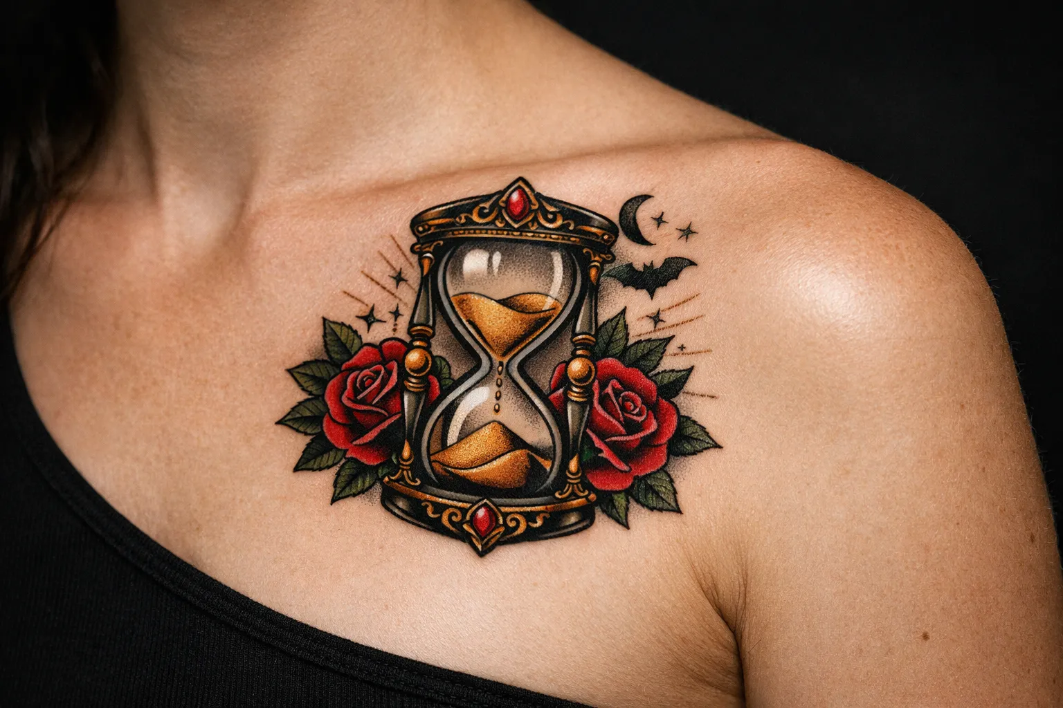 A person with a colorful hourglass and rose tattoo on their upper chest near the collarbone.