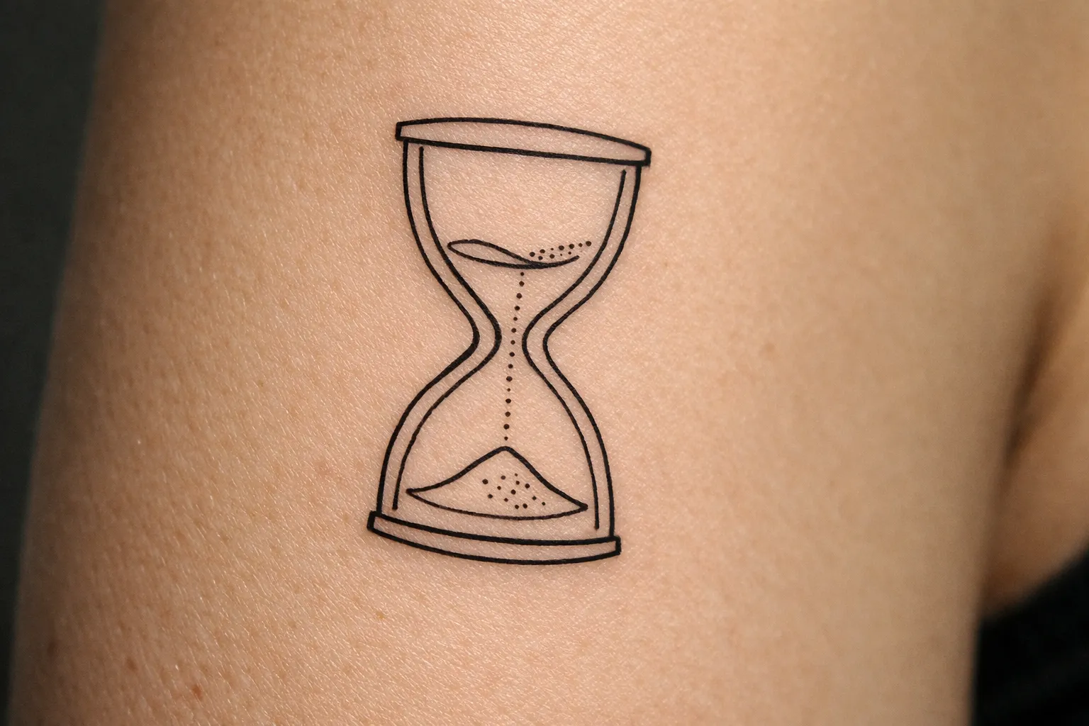 An hourglass tattoo is inked on a person's upper arm.