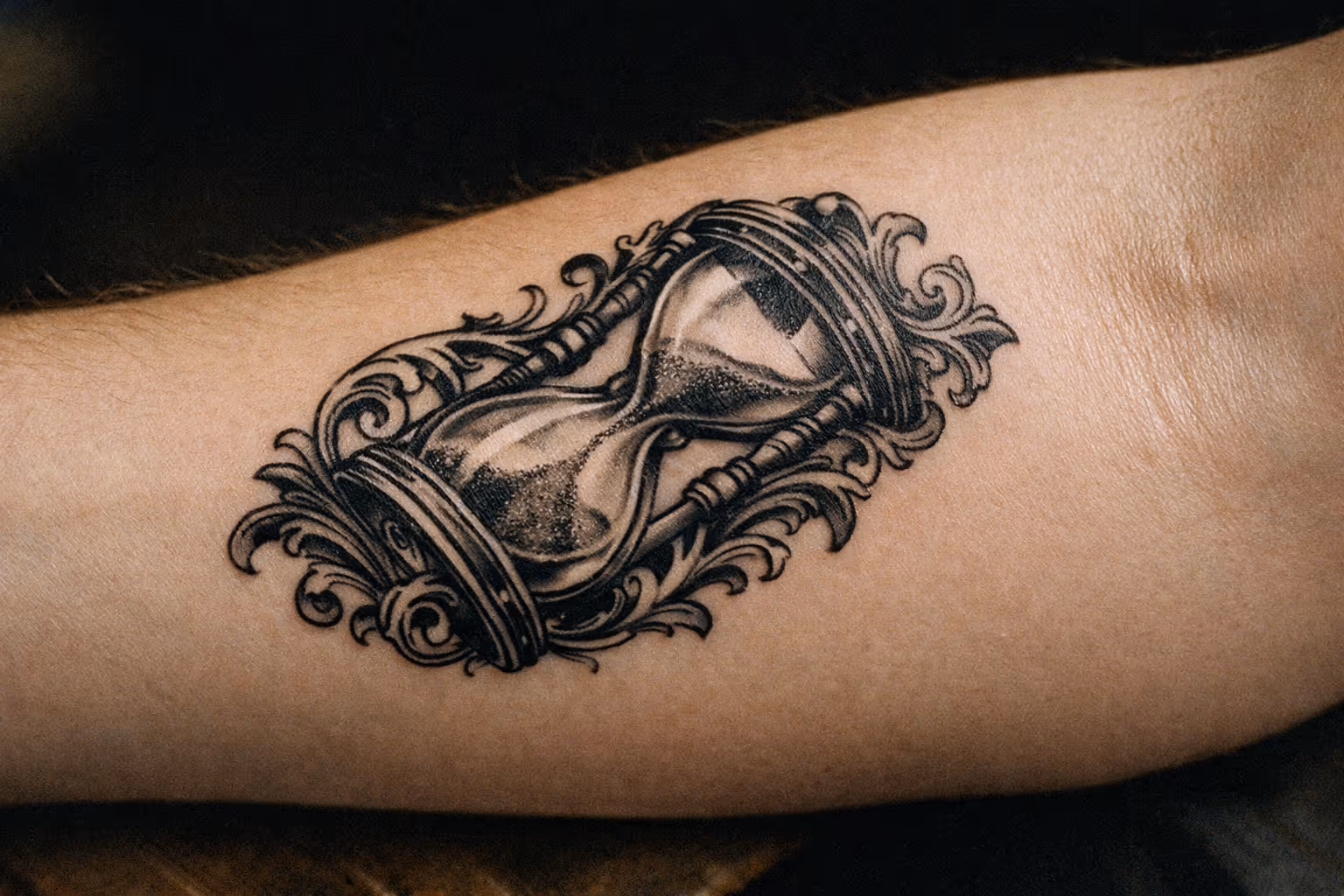 Editorial close-up of a forearm hourglass tattoo with ornate filigree