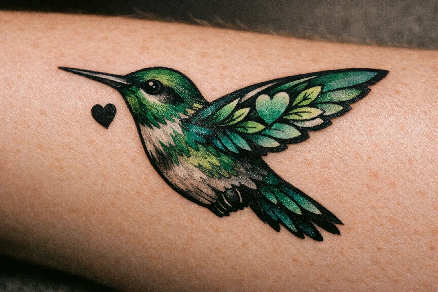 Macro shot of a hummingbird tattoo on forearm with integrated heart and leaf motifs.