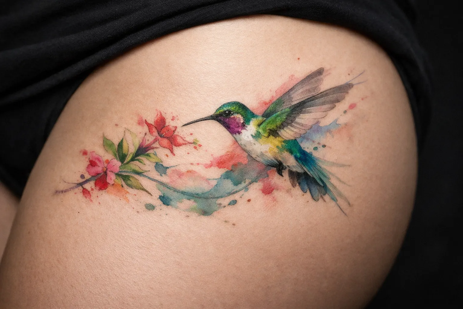 A colorful hummingbird tattoo with flowers on a person's upper thigh.