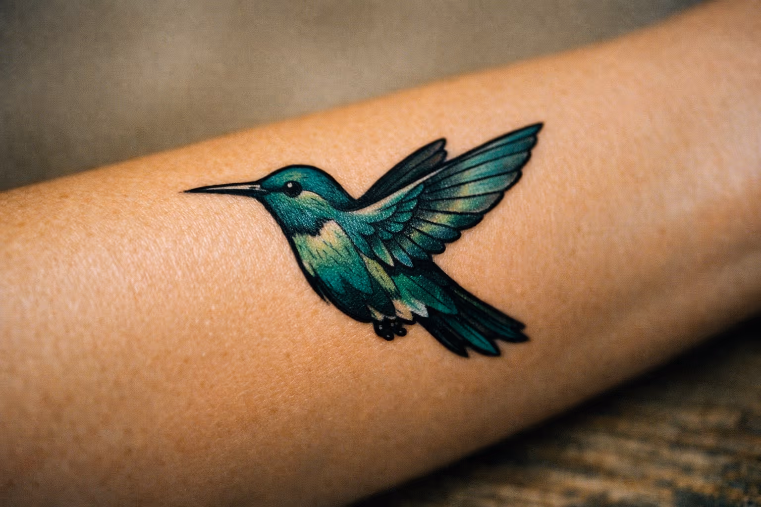Editorial close-up of a hummingbird tattoo on forearm, crisp linework and saturated ink on natural skin.