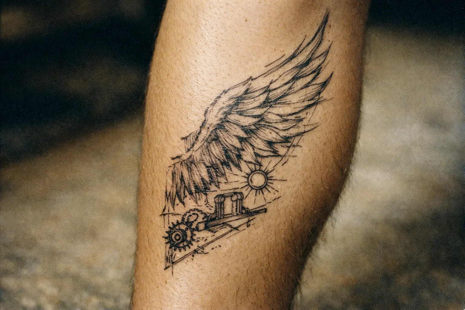 A detailed wing and mechanical design tattoo on a person's forearm.