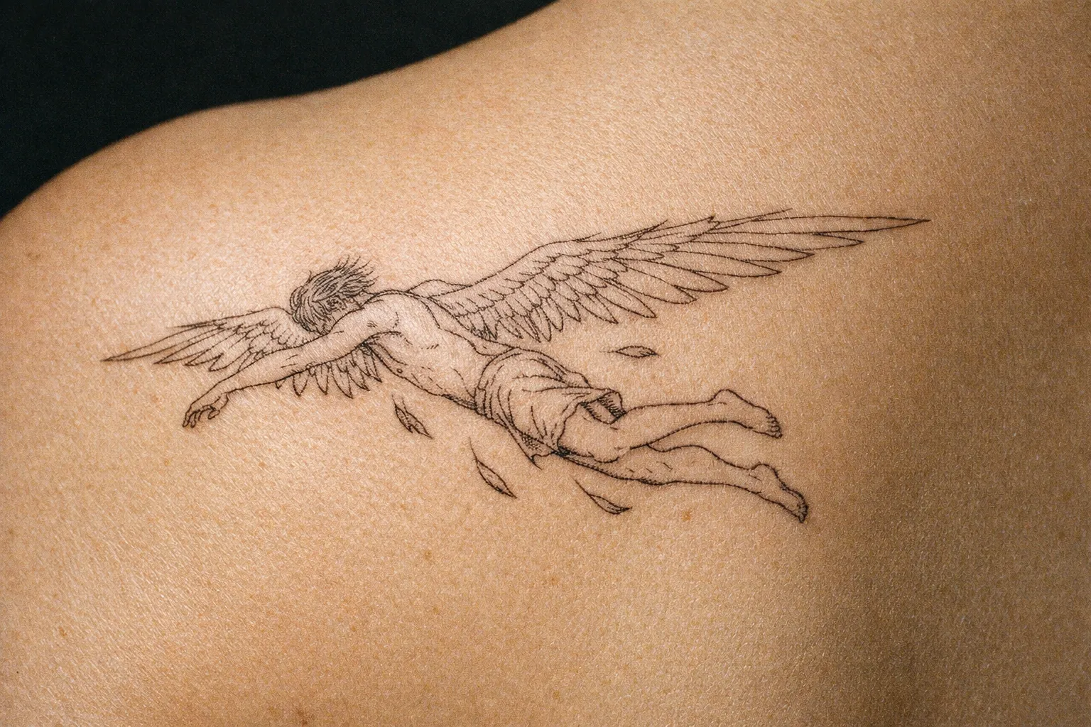 A fine line tattoo of Icarus with wings is shown on a person's upper back.