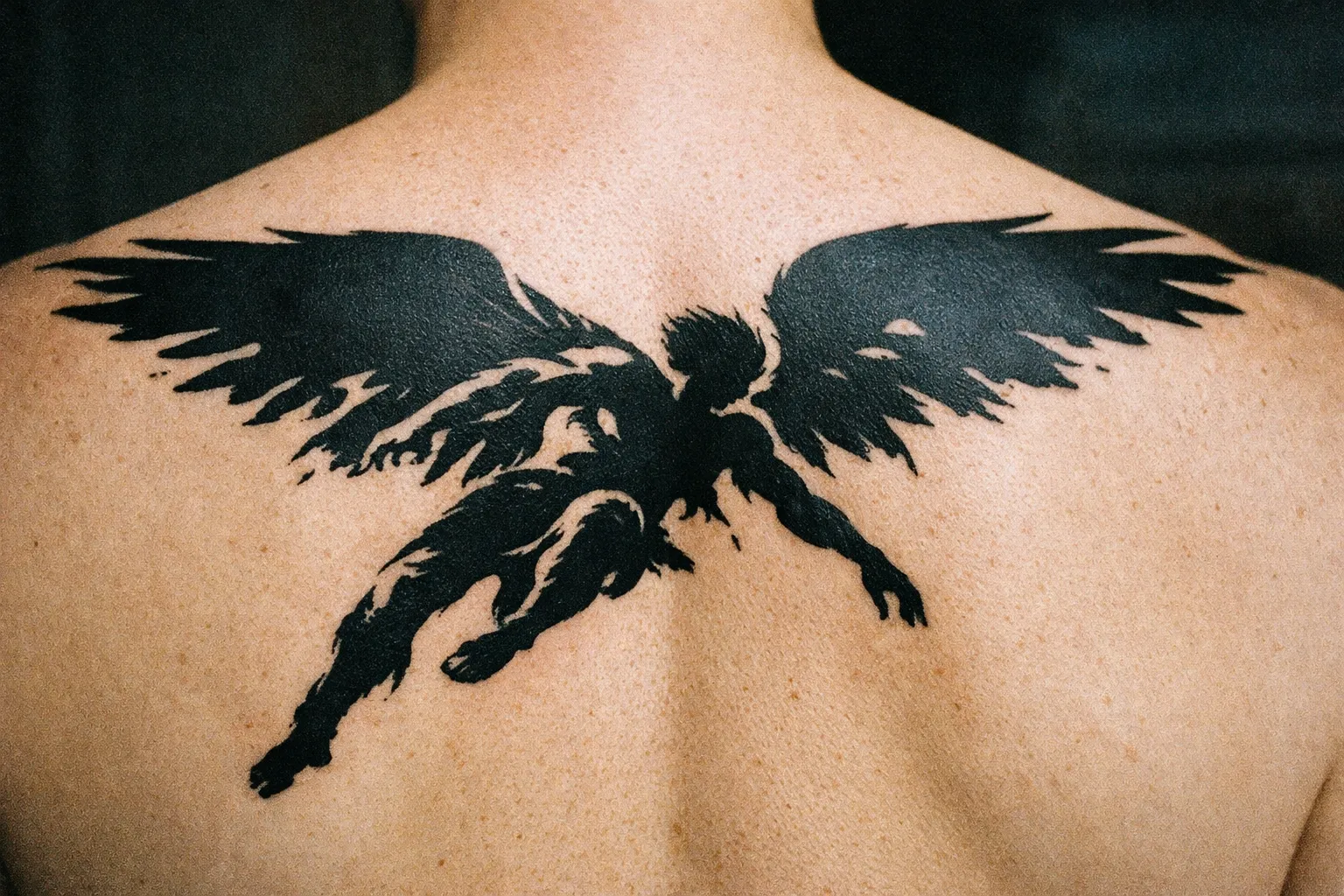 A large black tattoo of a winged figure spreads across a person's upper back.