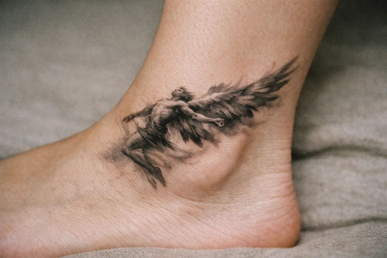A tattoo of a winged figure is shown on the side of an ankle.