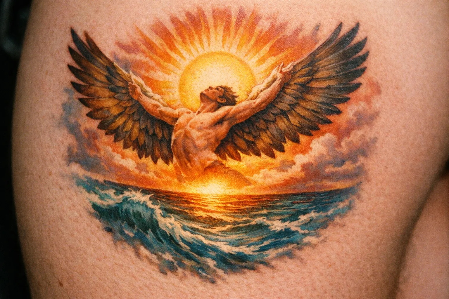 A tattoo of Icarus with outstretched wings soaring above the sea against a dramatic sun and sky backdrop.
