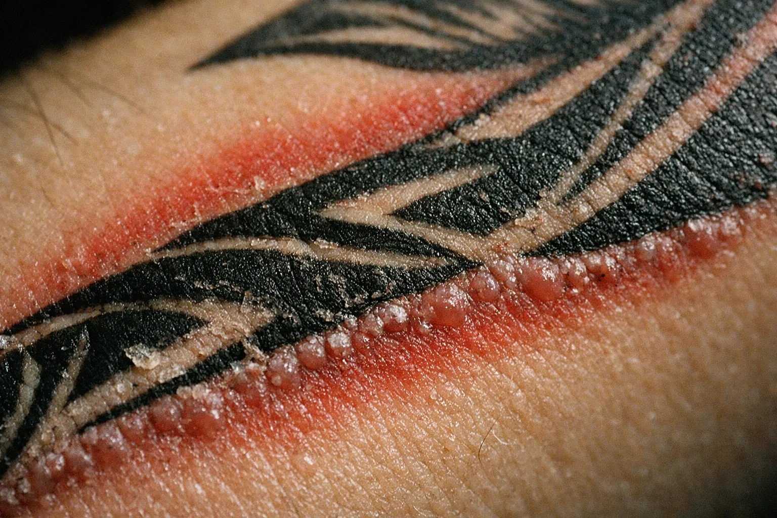 Close-up of tattooed forearm showing redness, small bumps, and dry skin along the ink edge