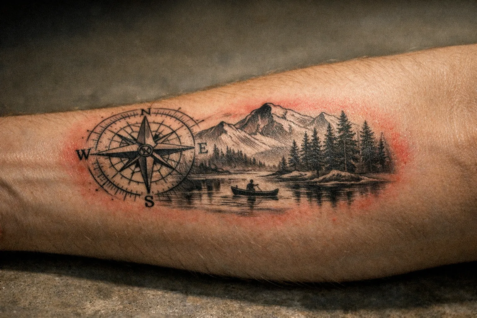Forearm tattoo close-up with faint crusting at the margins and mild redness