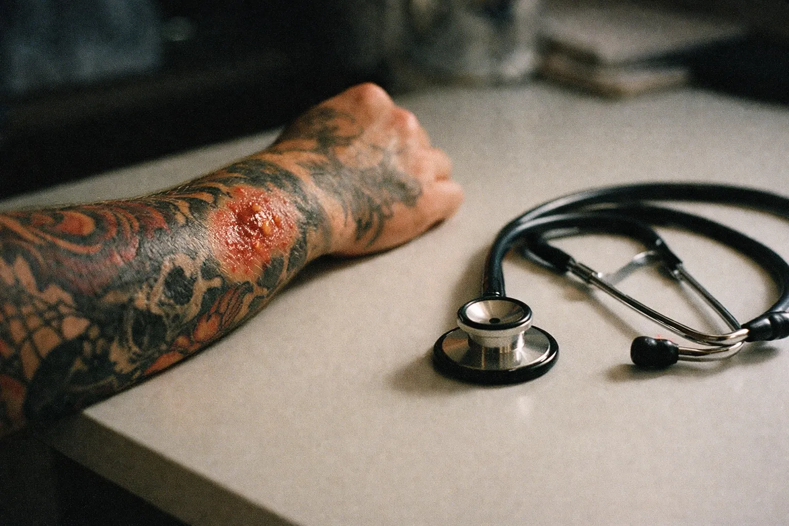 Forearm tattoo with a stethoscope nearby on a clean surface, suggesting medical consultation