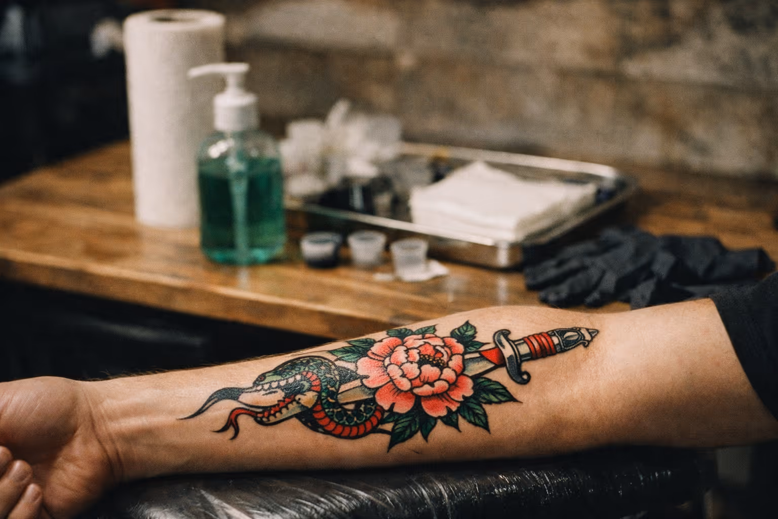 Editorial wide shot inside a tattoo studio focusing on a forearm tattoo with care tools nearby