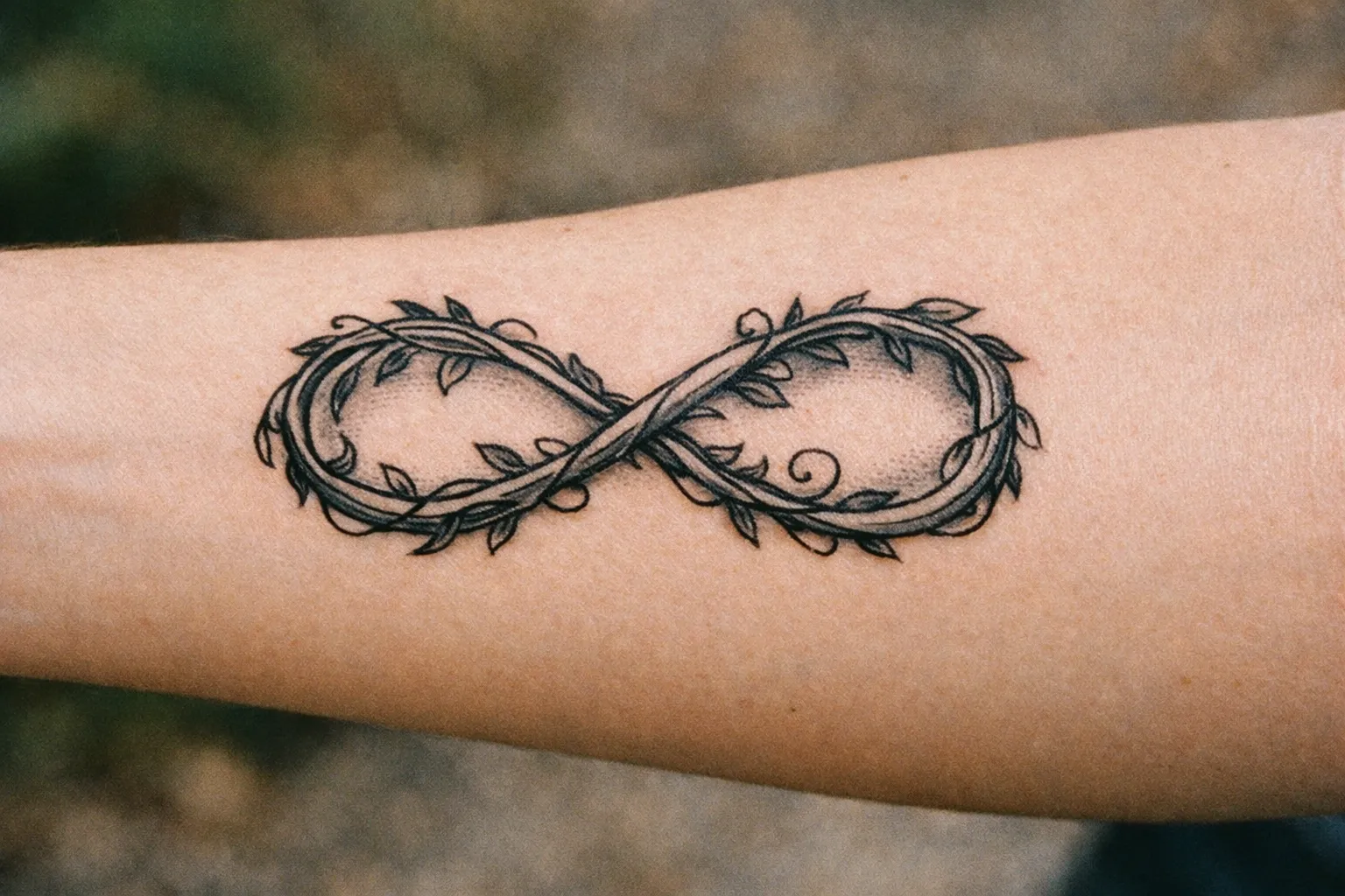 Ornate infinity tattoo on forearm with intertwined vines and shading