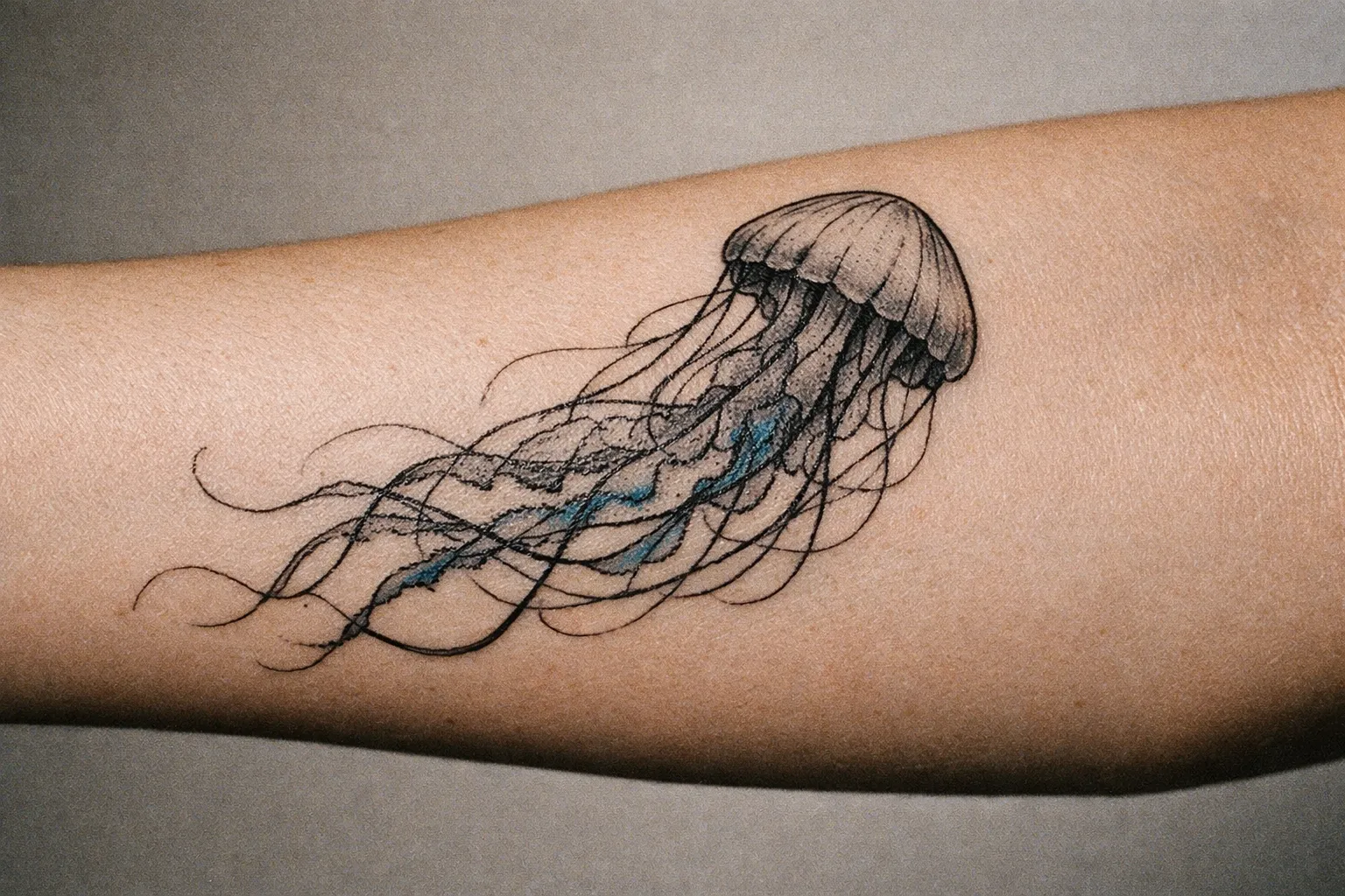 Close-up of a healed jellyfish tattoo on the forearm with black linework and subtle blue shading
