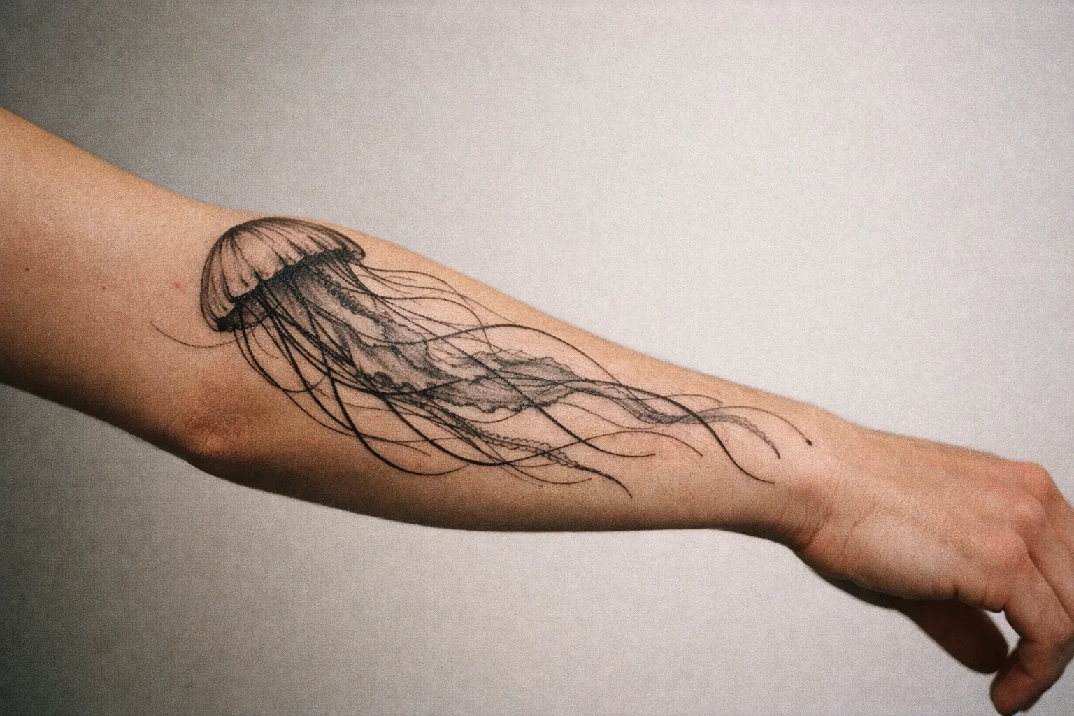 Jellyfish tattoo wrapping along the forearm, long tentacles tracing arm contours