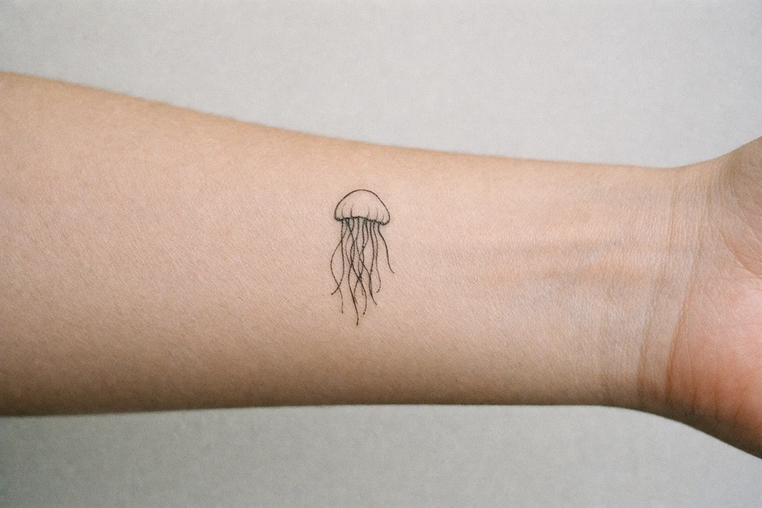 Small jellyfish tattoo on inner forearm with fine linework
