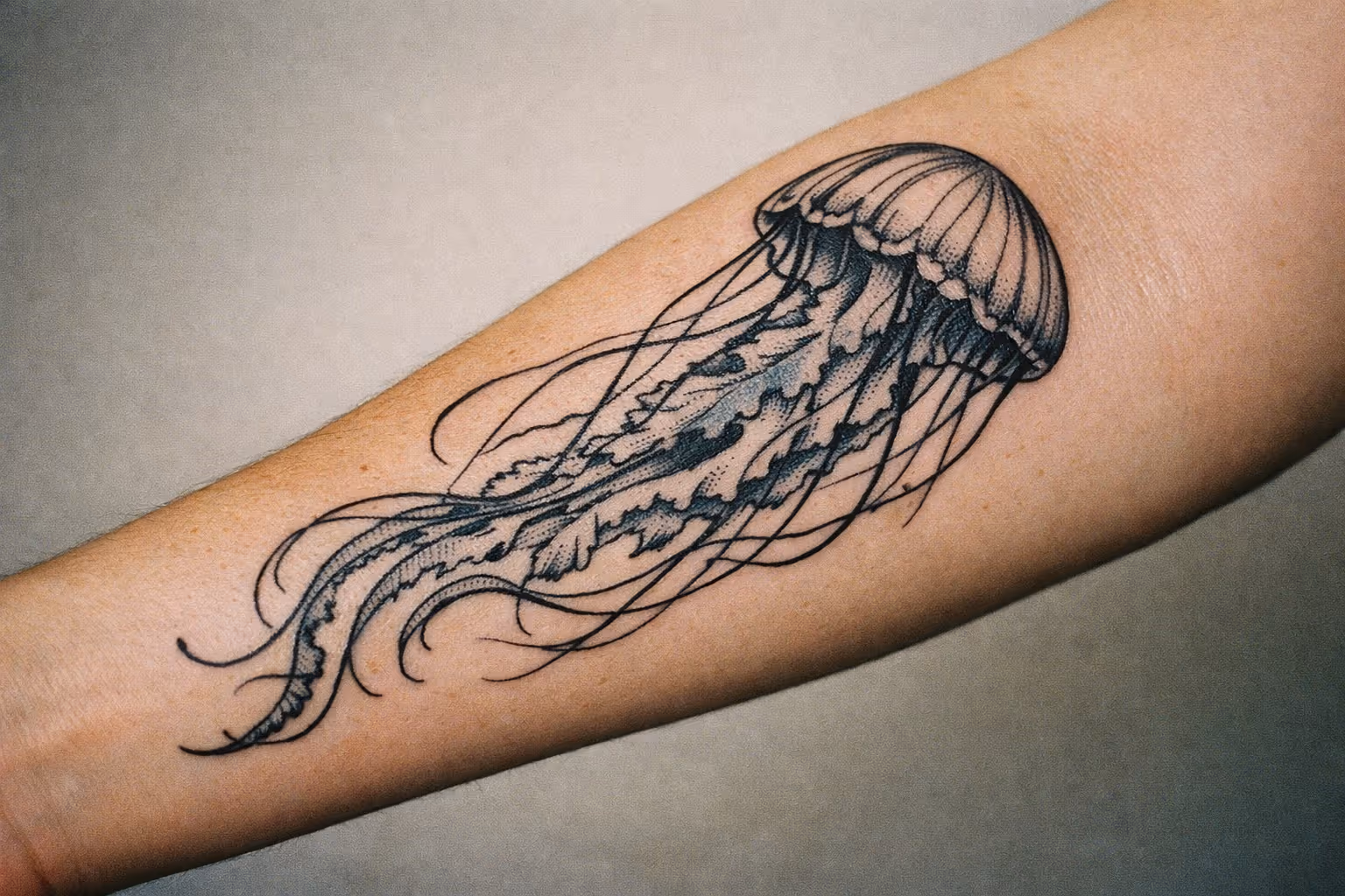 Editorial close-up of a forearm jellyfish tattoo showing crisp linework and shading on healed skin