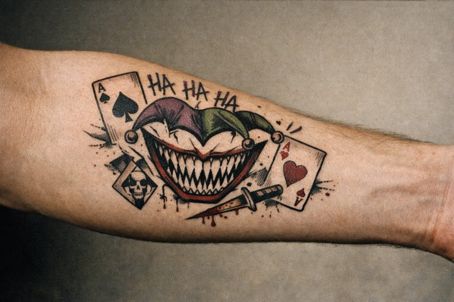 Close-up of a Joker-inspired forearm tattoo, focusing on symbolic elements and ink depth.
