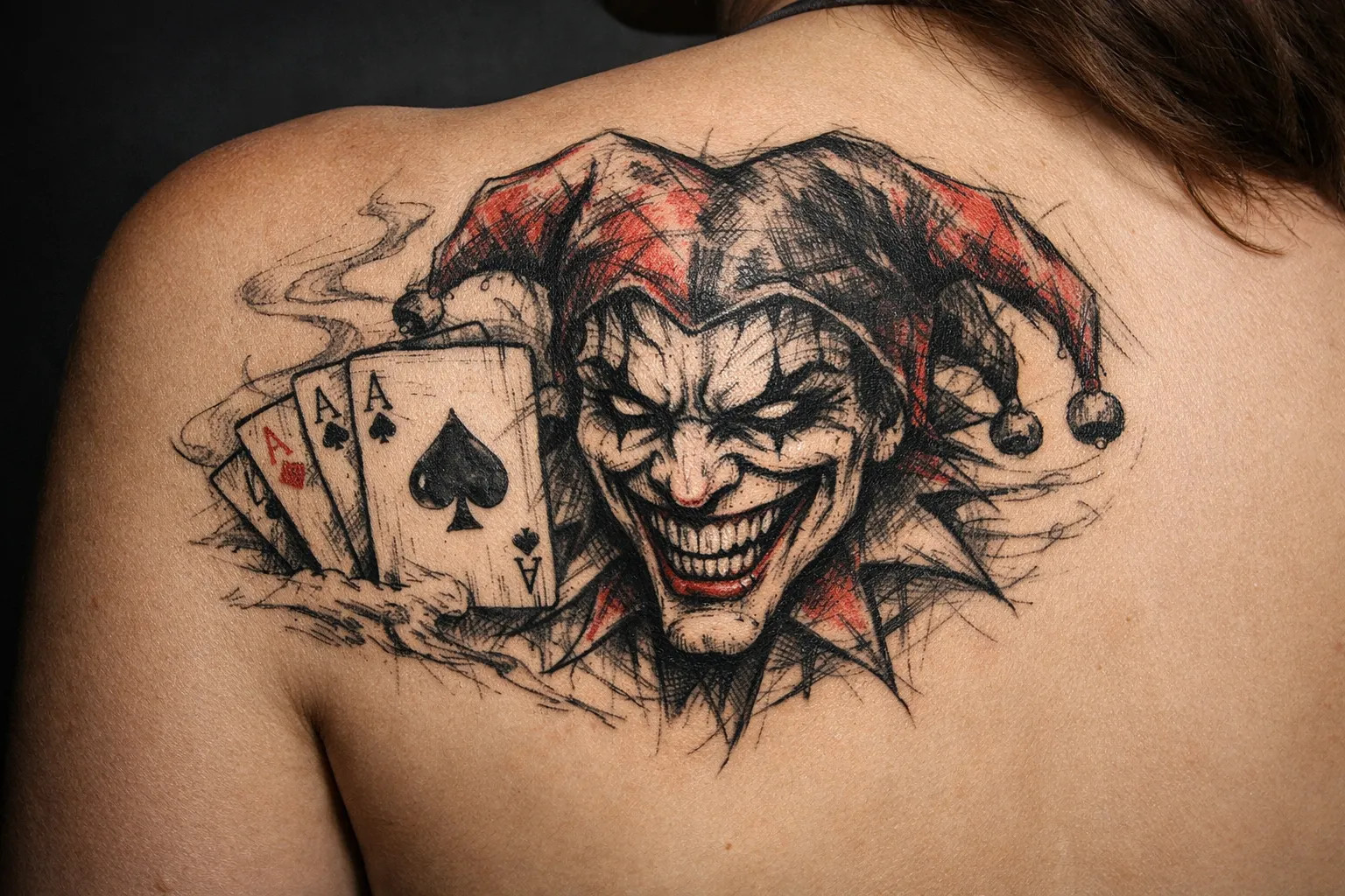 A realistic joker face and playing cards tattoo is inked on a person's upper back.