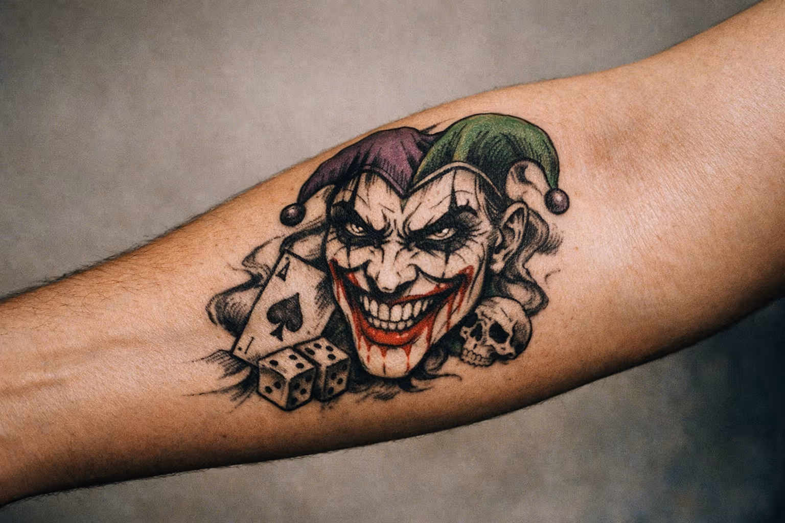 Editorial close-up of a Joker forearm tattoo, hero image for the guide