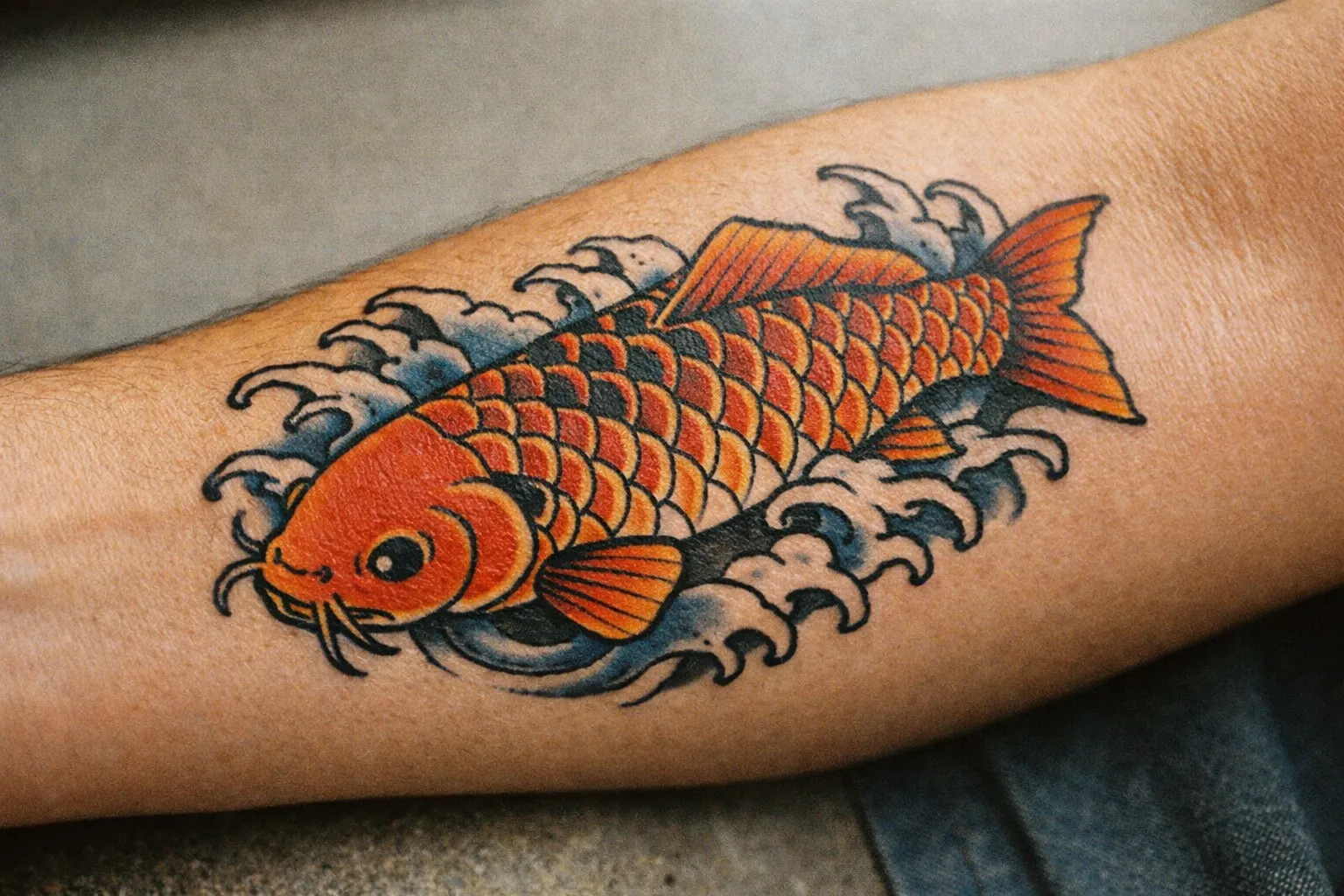 Close-up of a healed Koi Fish tattoo on the inner forearm in traditional Japanese style with water elements