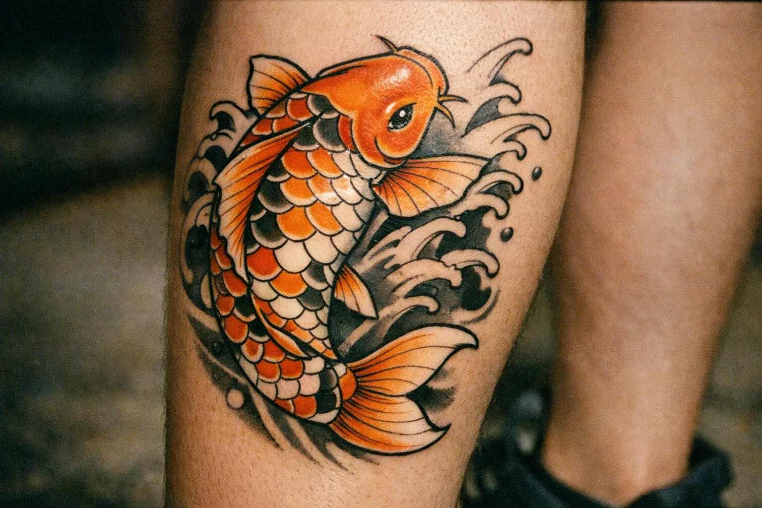 Calf-height koi tattoo showing strong outlines and smooth gradient shading