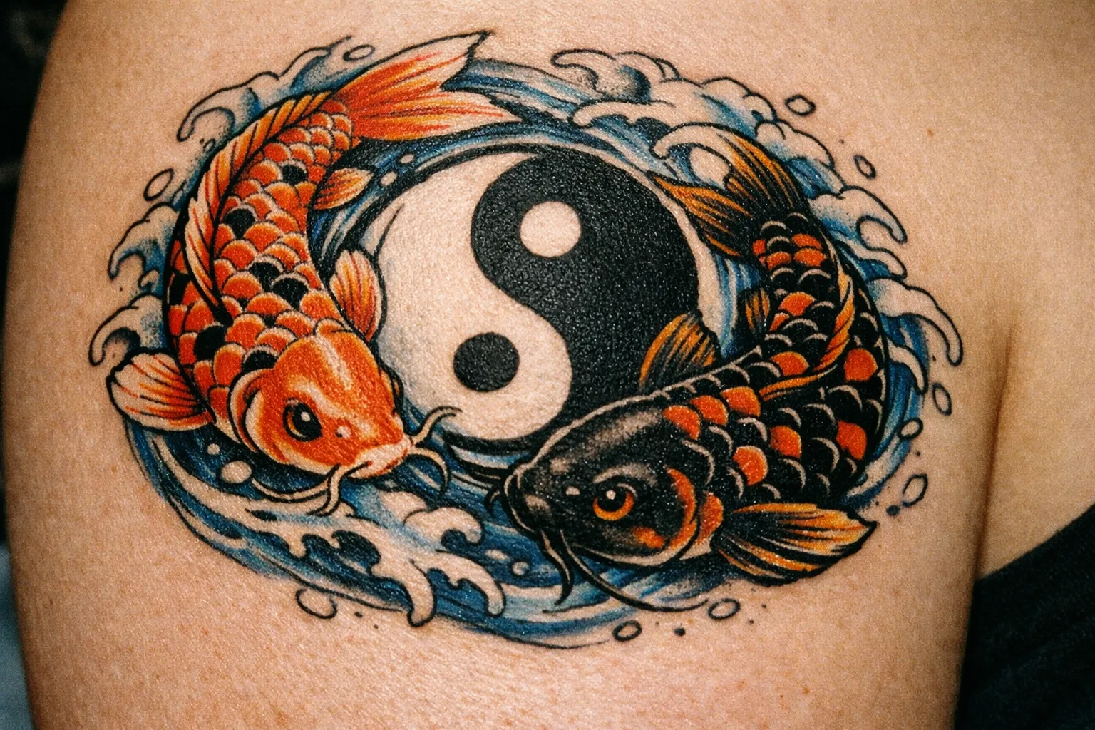 Two koi fish circling a yin-yang symbol on the upper arm with waves