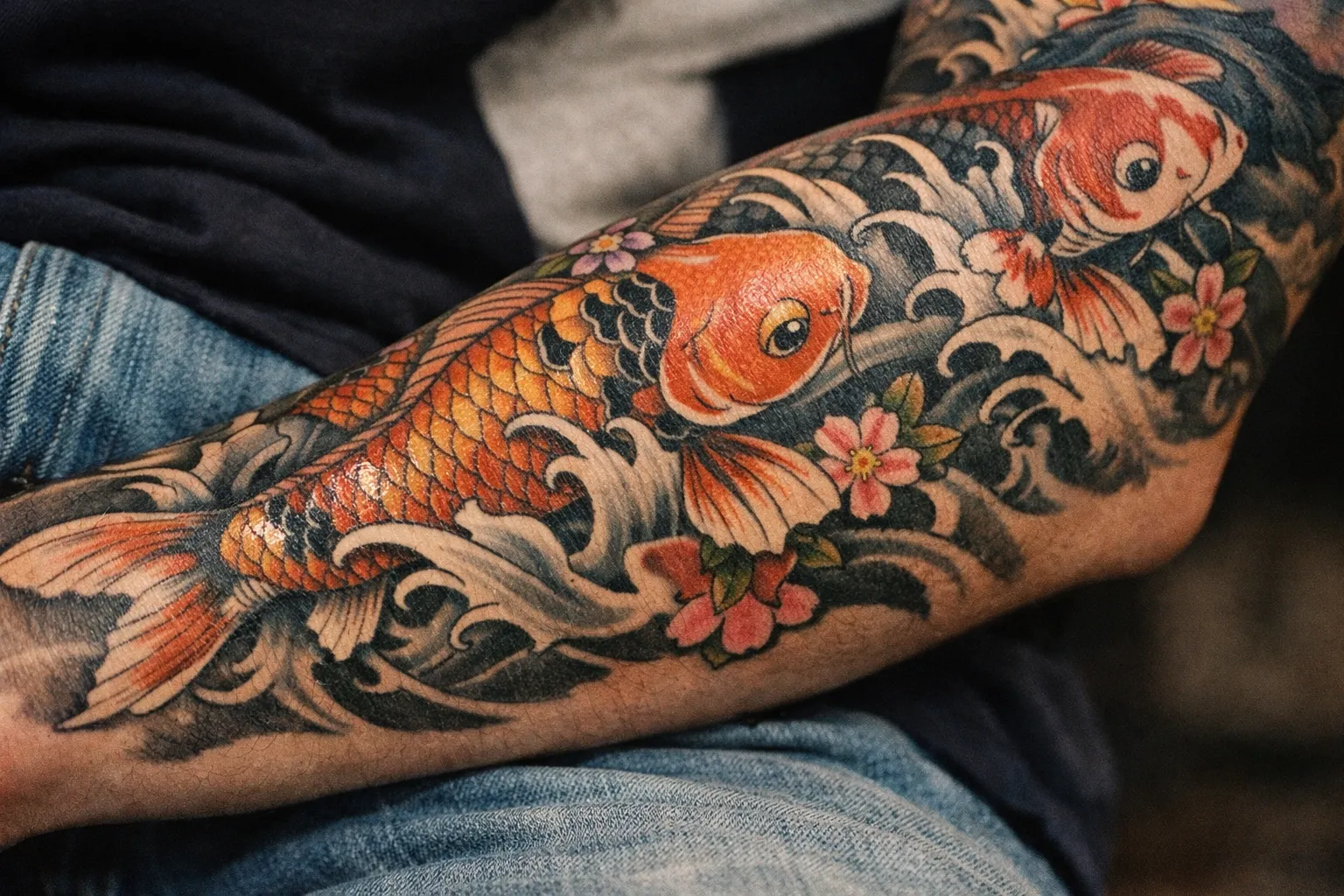 Koi sleeve on the forearm and upper arm showing multiple koi among waves and floral elements