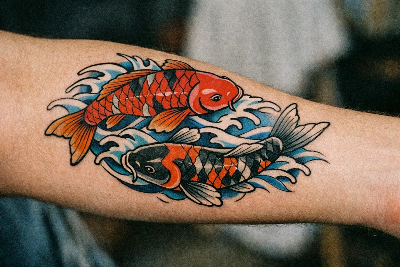 Forearm tattoo showing two koi facing opposite directions through flowing water